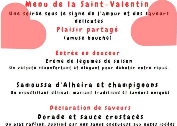 Menu Saint Valentin au restaurant Le Camélia